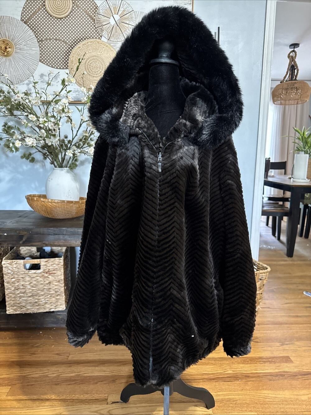Vtg GALLERY Faux Fur Mink Hooded Coat 2X Chocolate Brown Mob Wife Reversible